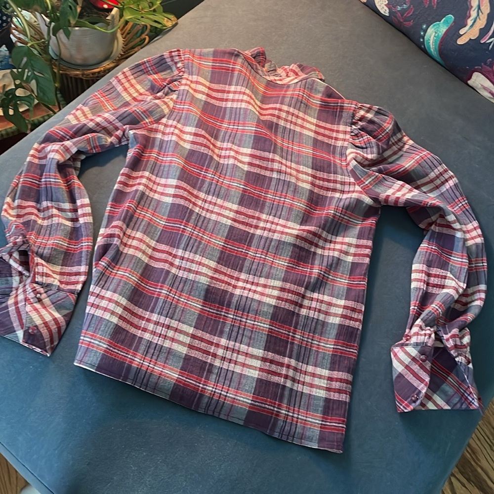 PRETTY IN PLAID 💋💋💋 Sezane ruffle front pink shirt NWOT 36 💕 - Picture 7 of 7